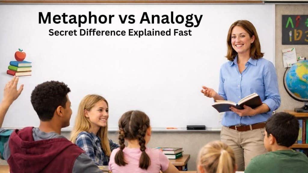 Image showing a comparison table of metaphor vs analogy with definitions, examples, and key differences for easy understanding