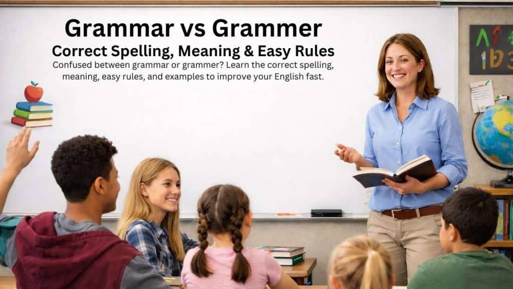 Grammar vs Grammer comparison showing correct spelling “grammar” and incorrect spelling “grammer” with highlighted mistake explanation.