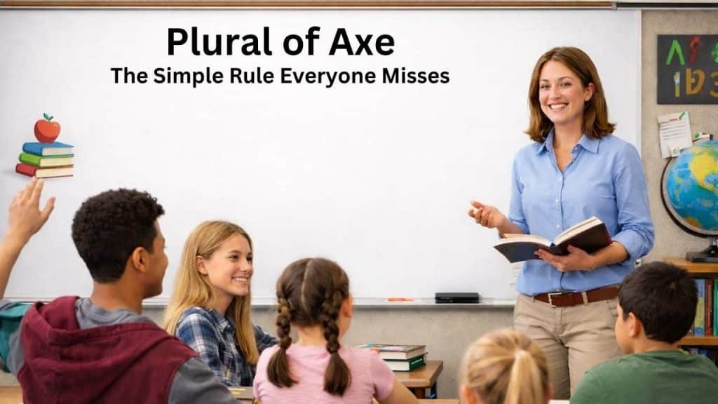 "Two sharp axes crossed on a wooden surface showing correct plural usage of axe as axes"