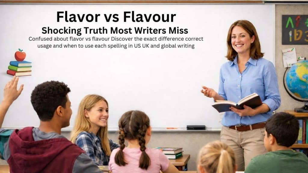 Simple explanation of flavor vs flavour with comparison table highlighting US and UK English spelling differences and usage rules