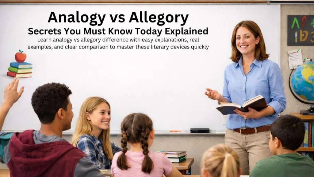 Illustration explaining analogy vs allegory with analogy showing comparison and allegory showing symbolic storytelling meaning