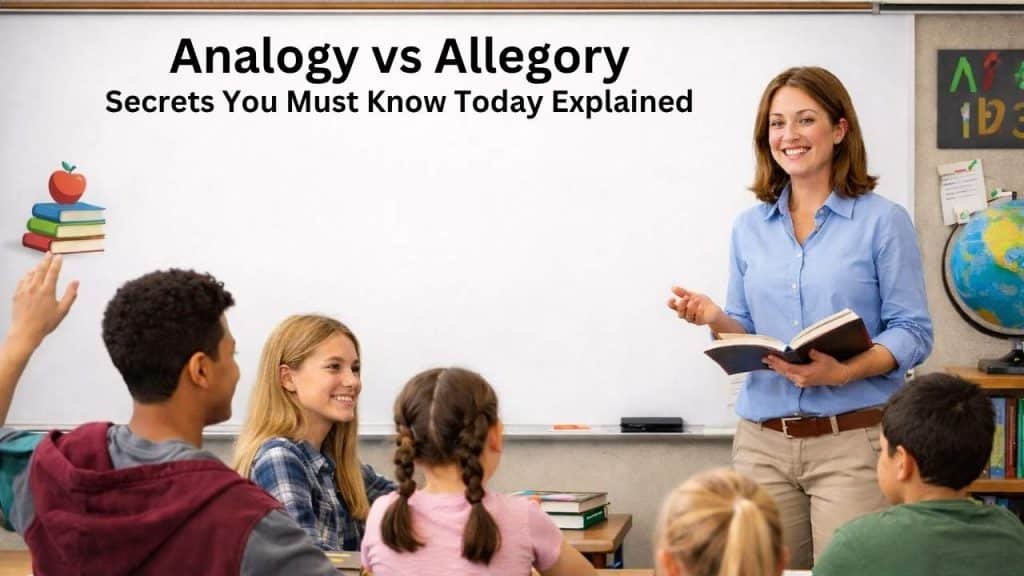 Simple comparison table showing analogy vs allegory differences with definitions, examples, and usage in literature