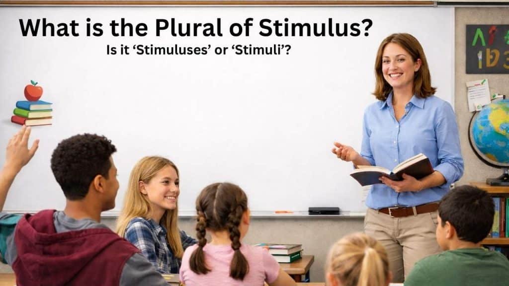 Stimulus vs stimuli comparison table showing singular and plural form of stimulus with examples and easy English grammar rules.