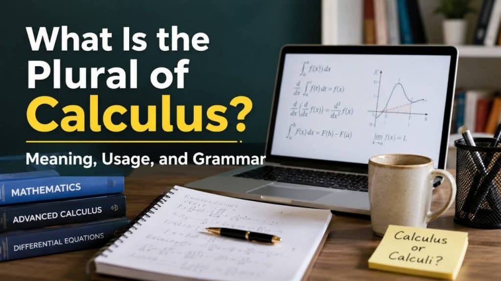 Educational workspace with calculus textbooks, laptop displaying math graphs, and notes explaining the plural of calculus and grammar usage in a realistic study environment.