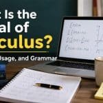 Educational workspace with calculus textbooks, laptop displaying math graphs, and notes explaining the plural of calculus and grammar usage in a realistic study environment.