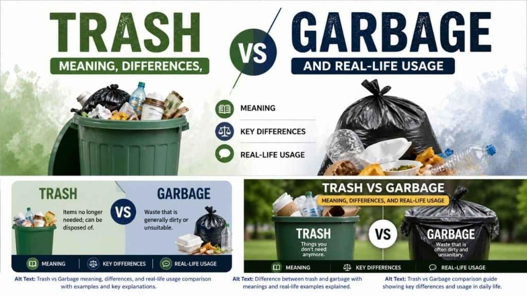 Difference between trash and garbage explained with visuals of waste bins and everyday items
