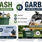 Difference between trash and garbage explained with visuals of waste bins and everyday items
