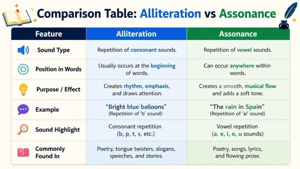 Comparison Table: Alliteration vs Assonance