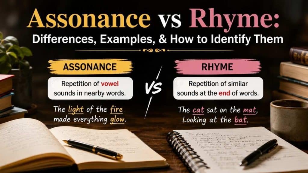 Many people confuse assonance vs rhyme because both use sound repetition to make writing more musical.