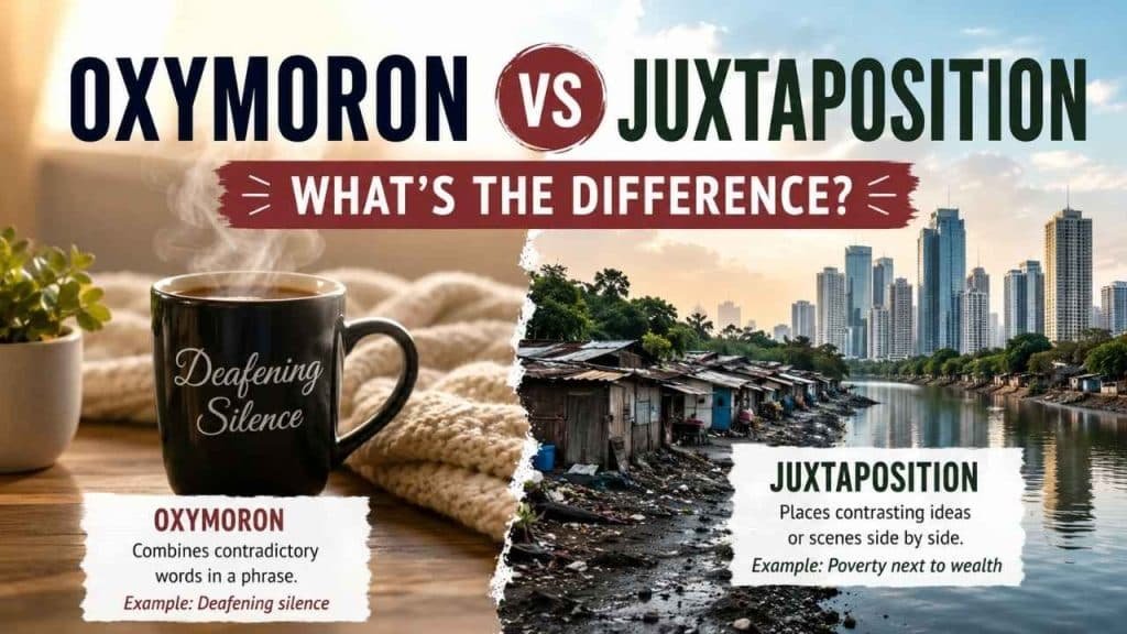 Many people confuse oxymoron vs juxtaposition because both literary devices use contrast in literature.
