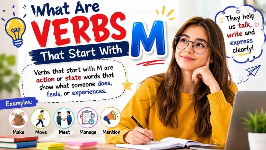 In this guide, we focus on verbs that start with M, which are very useful in everyday English, writing, and speaking.