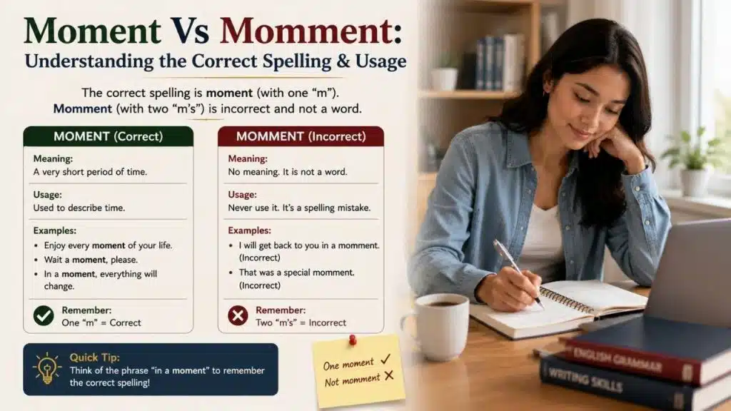 Many English learners and native speakers search for moment vs momment, moment or momment, and how to spell moment correctly because the two words look similar at first glance.