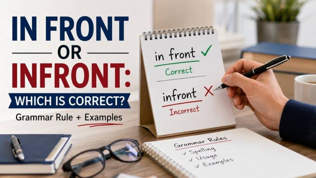 Many people pause while writing because they are unsure whether to use "in front" or "infront." This small spelling difference causes confusion for students, professionals, and English learners alike.