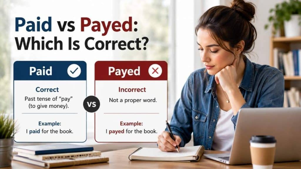 Many English learners and even native speakers search for the difference between paid vs payed because both words appear in dictionaries, yet only one is correct in most situations.